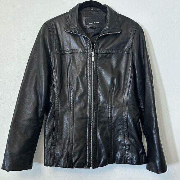 Jones New York Genuine Leather Fitted Full Zip Black Jacket Small - Picture 1 of 5